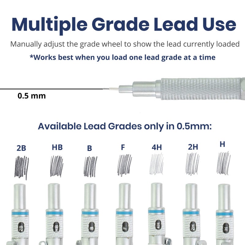 Pacific Arc Chromagraph Metal Mechanical Pencil .5 mm Silver Barrel Mechanical Pencil with Built In Lead Pencil Grade Indicator, Lead Pencil Holder for Drafting, Sketching, and Drawing - Image 4